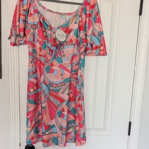 Coral & Aqua Abstract Print Tie-Front Tunic Top